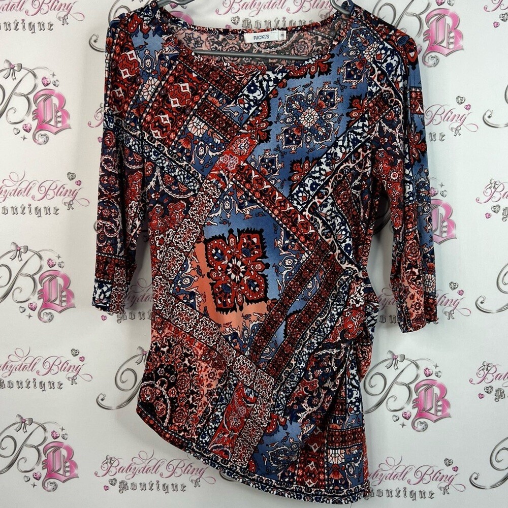 Ricki's long sleeve asymmetrical top Paisley print Red and Blue Patterned Blouse
